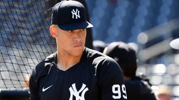 Aaron Judge prepares for batting practice during spring training.
